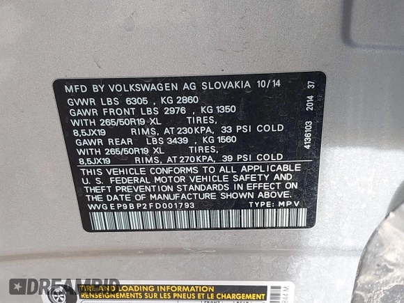 2015 Volkswagen Touareg Lux с VIN WVGEP9BP2FD001793, выставлен на аукционе IAAI как лот 41495609 с пробегом 138 239 миль миль и . История ставок и продаж доступна на DreamBid. Изображение 9.
