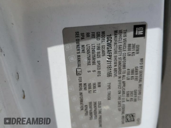 2018 Chevrolet Express Cargo with VIN 1GCWGAFPXJ1181166, listed as a Copart auction lot 59928365 with Not provided miles and Clean title. Bid and sale history available at DreamBid. Image 13.