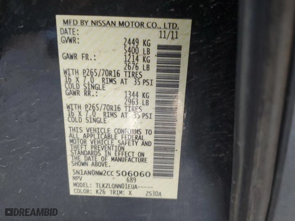 2012 Nissan Xterra X with VIN 5N1AN0NW2CC506060, listed as a Copart auction lot 47057284 with 126,724 mi miles and Salvage Title. Bid and sale history available at carsss.com. Image 16.