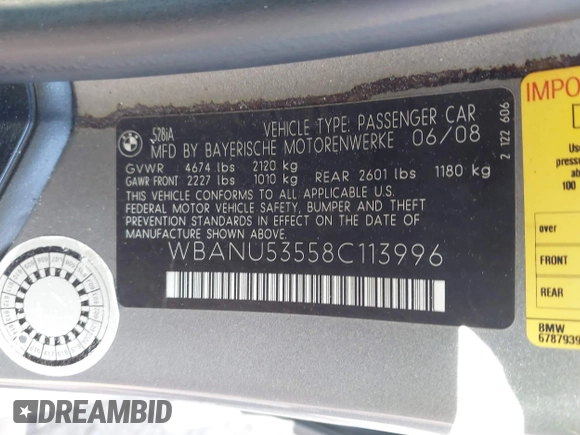 2008 BMW 5 Series 528i with VIN WBANU53558C113996, listed as a IAAI auction lot 42114822 with 84,514 mi miles and . Bid and sale history available at carsss.com. Image 9.