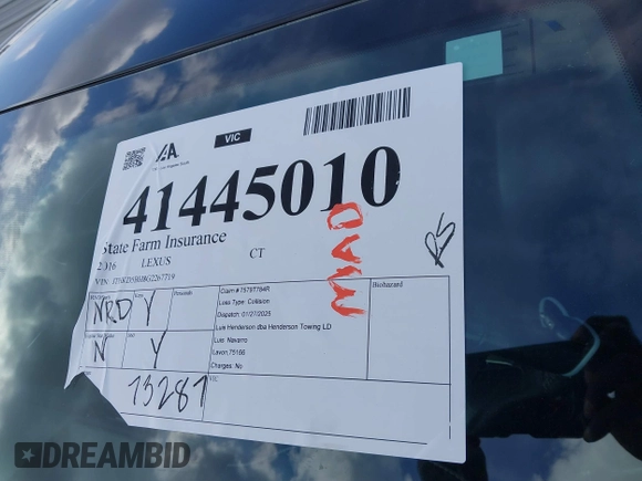 2016 Lexus CT 200h with VIN JTHKD5BH8G2267719, listed as a IAAI auction lot 41445010 with 73,287 mi miles and . Bid and sale history available at DreamBid. Image 18.