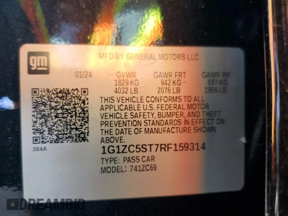 2024 Chevrolet Malibu LS with VIN 1G1ZC5ST7RF159314, listed as a Copart auction lot 78807624 with 8,974 mi miles and Clean Title. Bid and sale history available at DreamBid. Image 12.