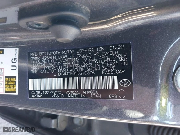 2022 Toyota Prius Prime LE with VIN JTDKAMFP0N3210606, listed as a IAAI auction lot 41674546 with NaN miles. Bid and sale history available at carsss.com. Image 9.