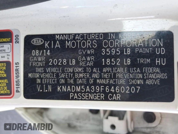 2015 Kia Rio LX with VIN KNADM5A39F6460207, listed as a Copart auction lot 44464245 with 106,792 mi miles and Salvage Title. Bid and sale history available at carsss.com. Image 12.
