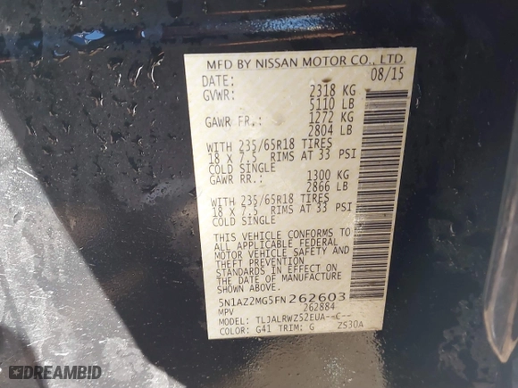 2015 Nissan Murano S with VIN 5N1AZ2MG5FN262603, listed as a IAAI auction lot 41342391 with 140,825 mi miles. Bid and sale history available at carsss.com. Image 9.