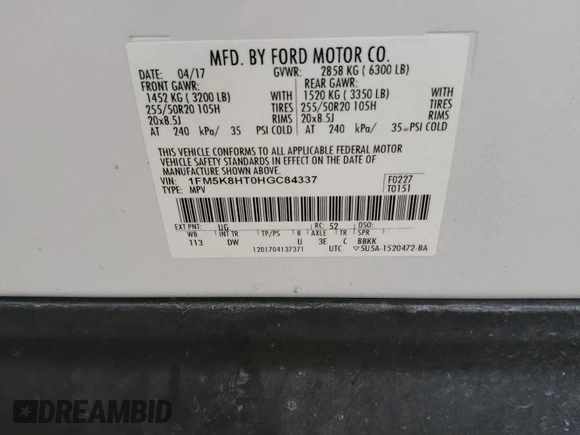 2017 Ford Explorer Platinum with VIN 1FM5K8HT0HGC84337, listed as a Copart auction lot 64239935 with 74,400 mi miles and Salvage title. Bid and sale history available at DreamBid. Image 13.