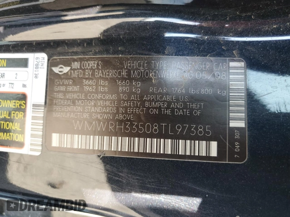 2008 MINI Convertible S with VIN WMWRH33508TL97385, listed as a Copart auction lot 45588455 with 79,434 mi miles and Salvage title. Bid and sale history available at DreamBid. Image 12.