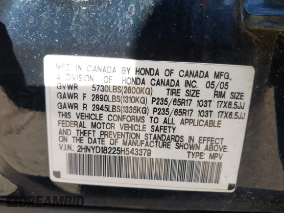 2005 Acura MDX with VIN 2HNYD18225H543379, listed as a IAAI auction lot 42040171 with 234,505 mi miles. Bid and sale history available at carsss.com. Image 9.