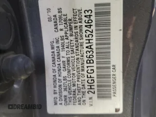 2010 Honda Civic Cpe LX with VIN 2HGFG1B63AH524643, listed as a Copart auction lot 54616325 with 0 mi miles and Salvage Title. Bid and sale history available at carsss.com. Image 12.
