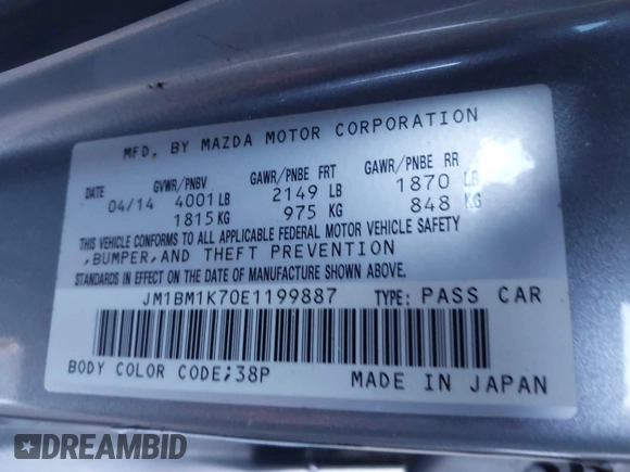 2014 Mazda 3 i Sport with VIN JM1BM1K70E1199887, listed as a IAAI auction lot 41589436 with 149,491 mi miles and . Bid and sale history available at carsss.com. Image 9.