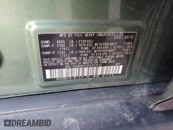 2013 Subaru Outback Limited with VIN 4S4BRDKC0D2301614, listed as a Copart auction lot 59048305 with 169,394 mi miles and Clean title. Bid and sale history available at DreamBid. Image 13.