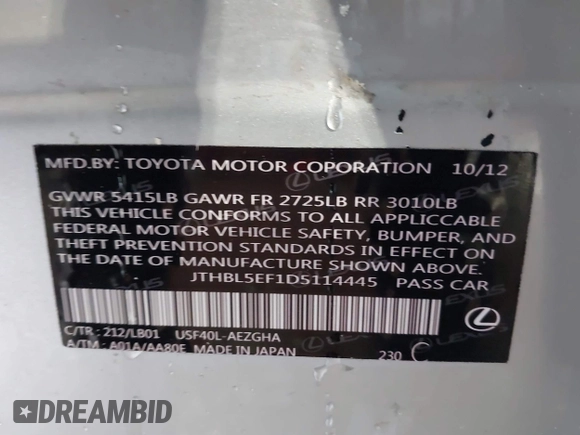 2013 Lexus LS 460 с VIN JTHBL5EF1D5114445, выставлен на аукционе IAAI как лот 41560104 с пробегом Не указан миль и . История ставок и продаж доступна на DreamBid. Изображение 9.