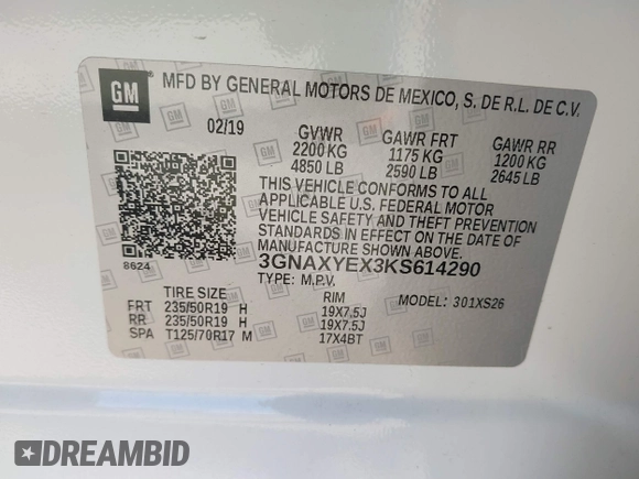 2019 Chevrolet Equinox Premier with VIN 3GNAXYEX3KS614290, listed as a IAAI auction lot 41724689 with 76,734 mi miles. Bid and sale history available at carsss.com. Image 9.