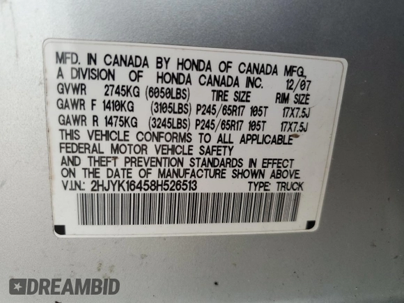 2008 Honda Ridgeline RTS z VIN 2HJYK16458H526513, wystawiony jako Copart lot #55212445 z przebiegiem 190 451 mil mil oraz Szkoda całkowita • Salvage title. Historia ofert i sprzedaży dostępna na DreamBid. Obrazek 12.