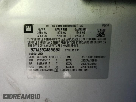2011 GMC Terrain SLE-2 with VIN 2CTALSEC3B6203361, listed as a Copart auction lot 51381385 with 115,549 mi miles and Clean title. Bid and sale history available at DreamBid. Image 13.