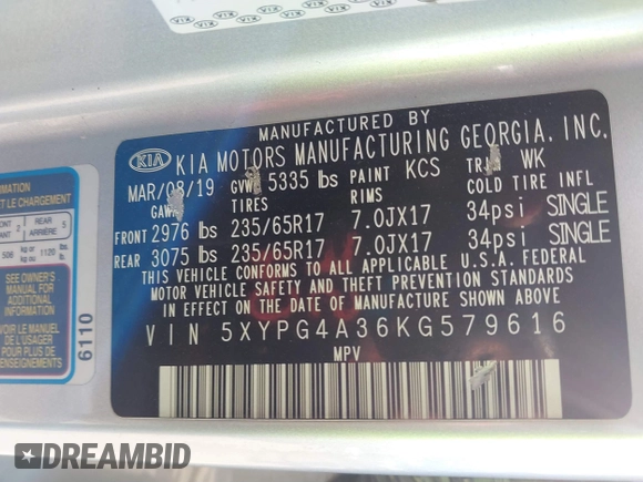 2019 Kia Sorento LX with VIN 5XYPG4A36KG579616, listed as a IAAI auction lot 41472626 with 110,078 mi miles. Bid and sale history available at carsss.com. Image 9.