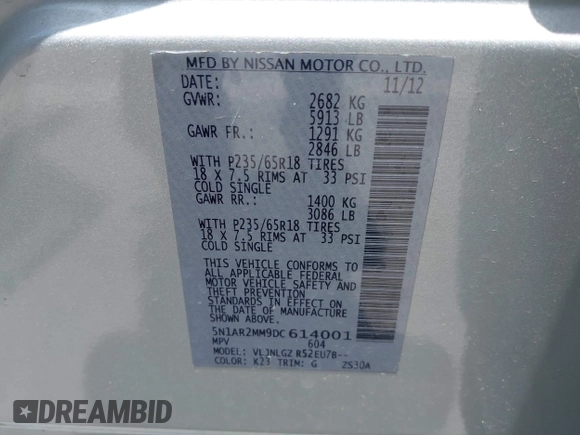 2013 Nissan Pathfinder Platinum with VIN 5N1AR2MM9DC614001, listed as a IAAI auction lot 42718655 with 153,241 mi miles and . Bid and sale history available at DreamBid. Image 9.