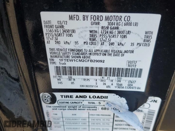 2012 Ford F-150 XL with VIN 1FTEW1CM2CFB29092, listed as a Copart auction lot 43718415 with 165,364 mi miles and Salvage Title. Bid and sale history available at carsss.com. Image 14.