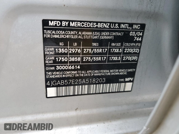2005 Mercedes-Benz M-Class 3.7L with VIN 4JGAB57E25A518203, listed as a Copart auction lot 43135394 with 202,773 mi miles and Salvage Title. Bid and sale history available at carsss.com. Image 13.