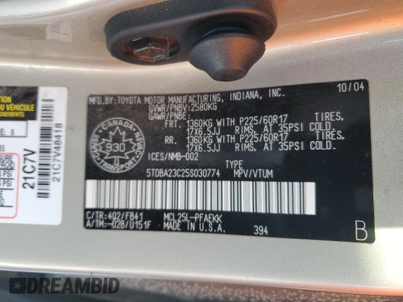 2005 Toyota Sienna LE with VIN 5TDBA23C25S030774, listed as a Copart auction lot 80359744 with 518,172 mi miles and Clean Title. Bid and sale history available at carsss.com. Image 13.
