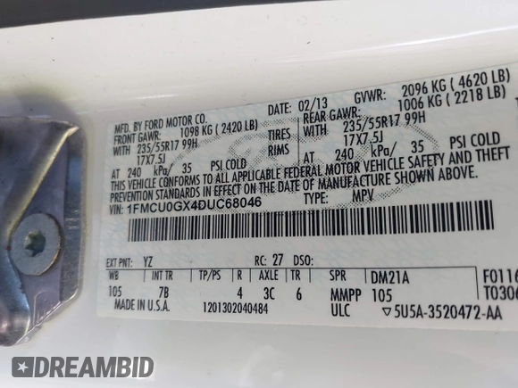 2013 Ford Escape SE with VIN 1FMCU0GX4DUC68046, listed as a IAAI auction lot 42839369 with 185,429 mi miles and . Bid and sale history available at DreamBid. Image 9.