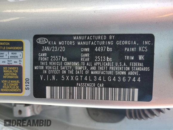 2020 Kia Optima LX with VIN 5XXGT4L34LG436744, listed as a Copart auction lot 60892365 with 80,169 mi miles and Salvage title. Bid and sale history available at DreamBid. Image 13.