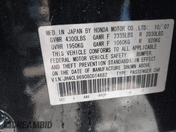 2008 Acura TSX Nav with VIN JH4CL96908C014682, listed as a IAAI auction lot 42331289 with 179,359 mi miles and . Bid and sale history available at DreamBid. Image 9.