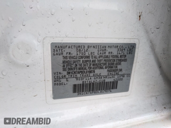 2013 Nissan Versa S Plus with VIN 3N1CN7AP8DL819076, listed as a Copart auction lot 54154645 with 147,725 mi miles and Salvage title. Bid and sale history available at DreamBid. Image 12.