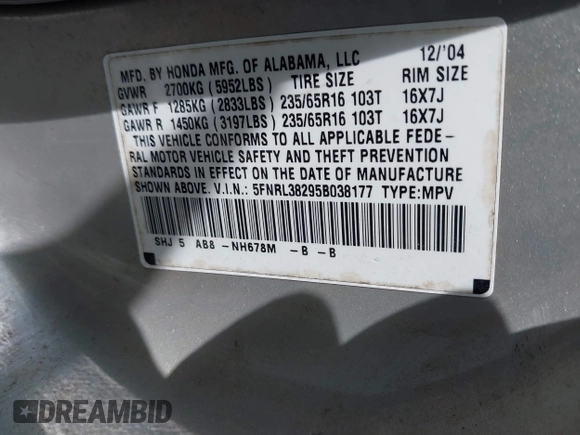 2005 Honda Odyssey LX with VIN 5FNRL38295B038177, listed as a IAAI auction lot 42618657 with 260,881 mi miles and . Bid and sale history available at DreamBid. Image 9.