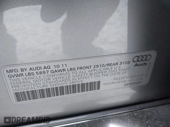 2012 Audi A8 with VIN WAURVAFD8CN017206, listed as a IAAI auction lot 41626707 with 138,922 mi miles and . Bid and sale history available at DreamBid. Image 9.