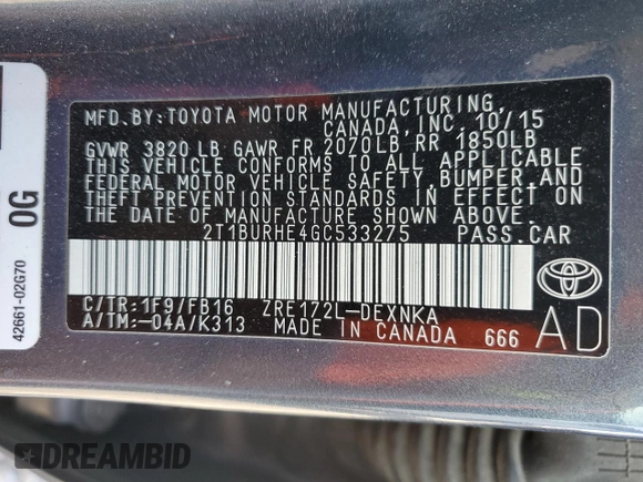 2016 Toyota Corolla L with VIN 2T1BURHE4GC533275, listed as a Copart auction lot 61289705 with 87,859 mi miles and Salvage title. Bid and sale history available at DreamBid. Image 12.