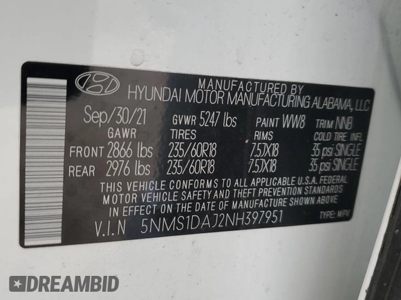 2022 Hyundai Santa Fe SE with VIN 5NMS1DAJ2NH397951, listed as a Copart auction lot 62522614 with 19,933 mi miles and Salvage Title. Bid and sale history available at DreamBid. Image 13.