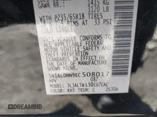 2014 Infiniti QX60 with VIN 5N1AL0MN9EC508017, listed as a IAAI auction lot 41591790 with 112,806 mi miles. Bid and sale history available at carsss.com. Image 9.