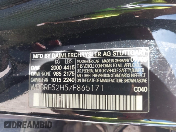 2007 Mercedes-Benz C 230 Sport with VIN WDBRF52H57F865171, listed as a IAAI auction lot 42735517 with 147,145 mi miles and . Bid and sale history available at DreamBid. Image 9.