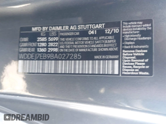 2011 Mercedes-Benz CL-Class CL 63 AMG with VIN WDDEJ7EB9BA027285, listed as a IAAI auction lot 41977740 with 64,040 mi miles. Bid and sale history available at carsss.com. Image 9.
