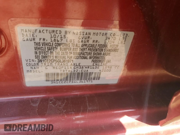 2016 Nissan Note S with VIN 3N1CE2CP5GL361971, listed as a Copart auction lot 54199425 with 81,263 mi miles and Clean Title. Bid and sale history available at DreamBid. Image 12.