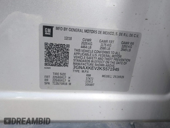 2019 Chevrolet Equinox LT with VIN 3GNAXKEV2KS571945, listed as a IAAI auction lot 41972151 with 71,758 mi miles and . Bid and sale history available at DreamBid. Image 9.