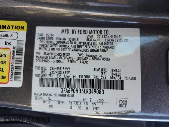 2014 Ford Fusion SE with VIN 3FA6P0HD5ER349083, listed as a Copart auction lot 52398625 with 91,796 mi miles and Salvage Title. Bid and sale history available at carsss.com. Image 12.
