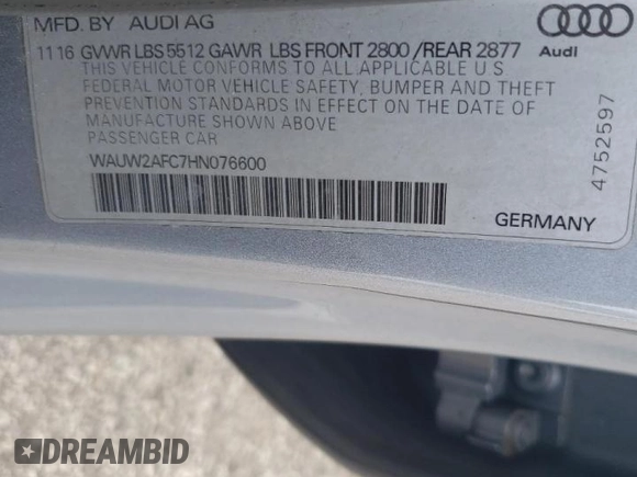 2017 Audi A7 Premium Plus with VIN WAUW2AFC7HN076600, listed as a Copart auction lot 60037813 with 93,547 mi miles. Bid and sale history available at carsss.com. Image 14.