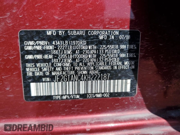 2019 Subaru Crosstrek Limited with VIN JF2GTANC4KH222187, listed as a Copart auction lot 51497575 with 61,959 mi miles and Salvage title. Bid and sale history available at DreamBid. Image 14.