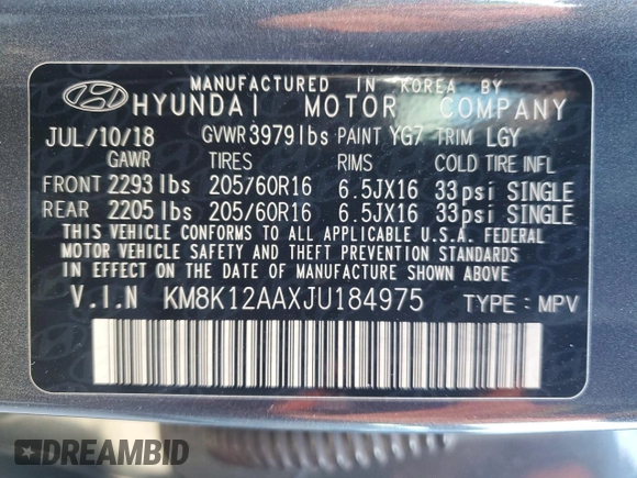 2018 Hyundai Kona SE with VIN KM8K12AAXJU184975, listed as a Copart auction lot 85916594 with 94,677 mi miles and Salvage Title. Bid and sale history available at DreamBid. Image 12.