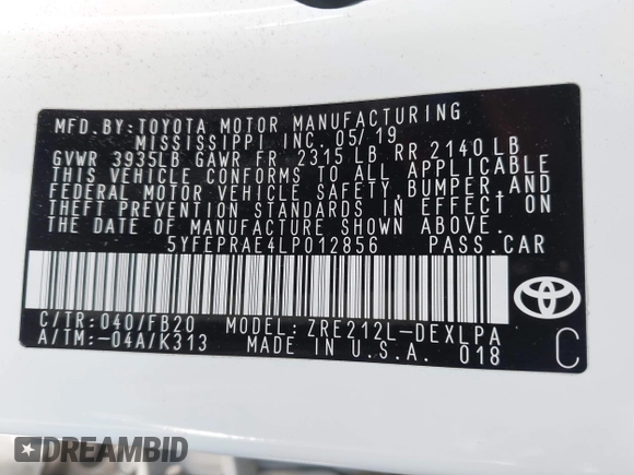 2020 Toyota Corolla LE with VIN 5YFEPRAE4LP012856, listed as a IAAI auction lot 42001953 with Not Provided miles and . Bid and sale history available at DreamBid. Image 9.