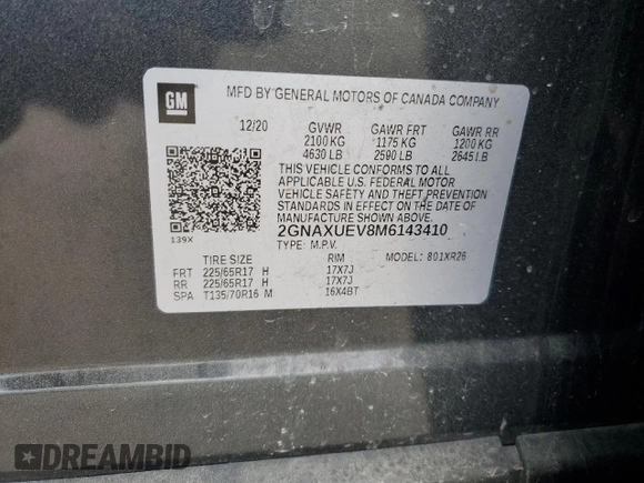 2021 Chevrolet Equinox LT with VIN 2GNAXUEV8M6143410, listed as a Copart auction lot 55560745 with 36,007 mi miles and Salvage Title. Bid and sale history available at DreamBid. Image 12.