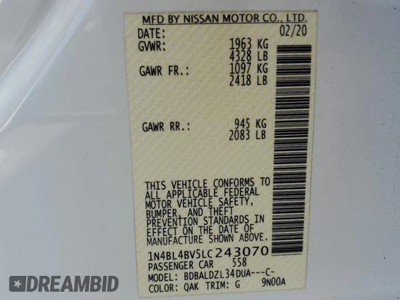 2020 Nissan Altima S with VIN 1N4BL4BV5LC243070, listed as a Copart auction lot 52736115 with 92,851 mi miles and Non Repairable. Bid and sale history available at carsss.com. Image 13.
