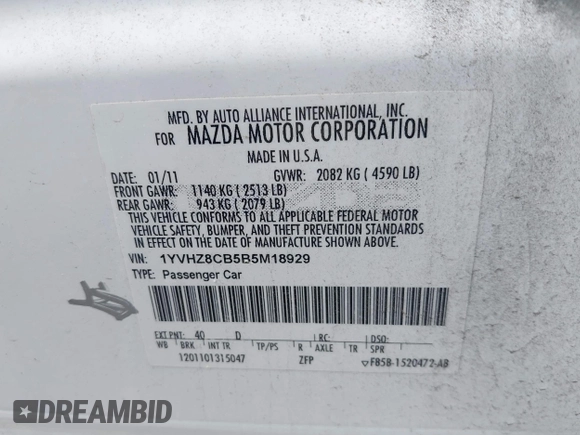 2011 Mazda 6 S Touring Plus with VIN 1YVHZ8CB5B5M18929, listed as a IAAI auction lot 42137560 with 202,040 mi miles and . Bid and sale history available at carsss.com. Image 9.