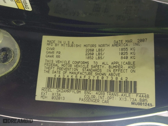 2007 Mitsubishi Eclipse SE with VIN 4A3AK64F27E073042, listed as a IAAI auction lot 41658070 with 161,420 mi miles. Bid and sale history available at carsss.com. Image 9.