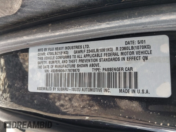 2001 Subaru Legacy Outback L.L. Bean with VIN 4S3BH806417676870, listed as a IAAI auction lot 41112023 with Not provided miles and . Bid and sale history available at DreamBid. Image 9.