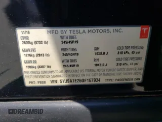 2016 Tesla Model S 90D с VIN 5YJSA1E26GF167934, выставлен на аукционе Copart как лот 57664115 с пробегом 151 583 миль миль и Списание • Salvage title. История ставок и продаж доступна на DreamBid. Изображение 14.