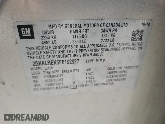 2015 GMC Terrain SLE with VIN 2GKALREK6F6192927, listed as a Copart auction lot 45915155 with 138,044 mi miles and Salvage Title. Bid and sale history available at DreamBid. Image 16.