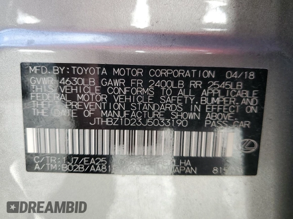 2018 Lexus IS 350 with VIN JTHBZ1D23J5033190, listed as a Copart auction lot 85944844 with 59,754 mi miles and Salvage title. Bid and sale history available at DreamBid. Image 13.